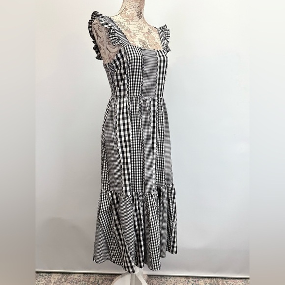 CROSBY by Mollie Burch Black and White Gingham ruffle strap midi dress size S - Picture 9 of 16